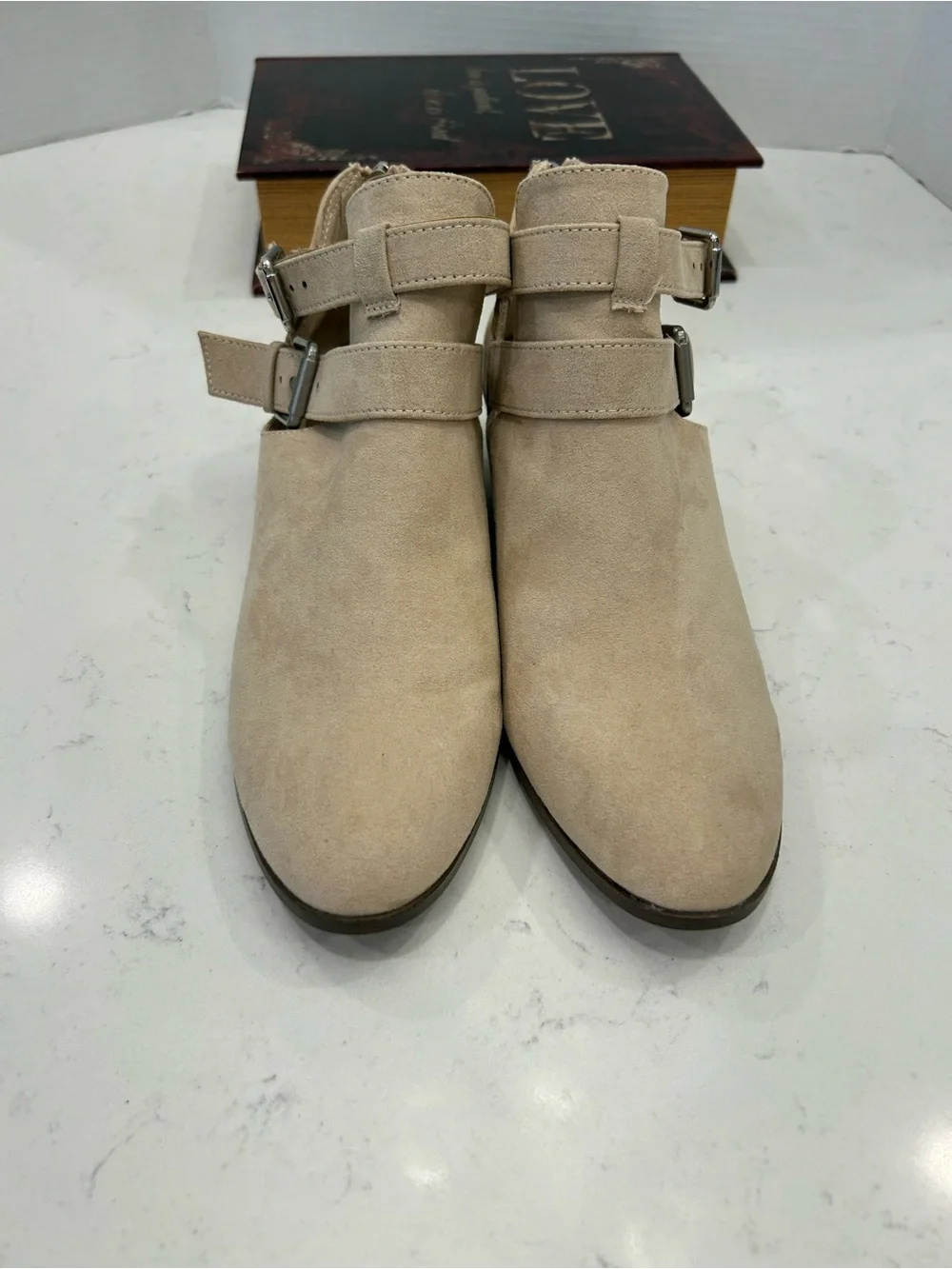 Francesca's Collections Beige Suede Double-Buckle Ankle Booties